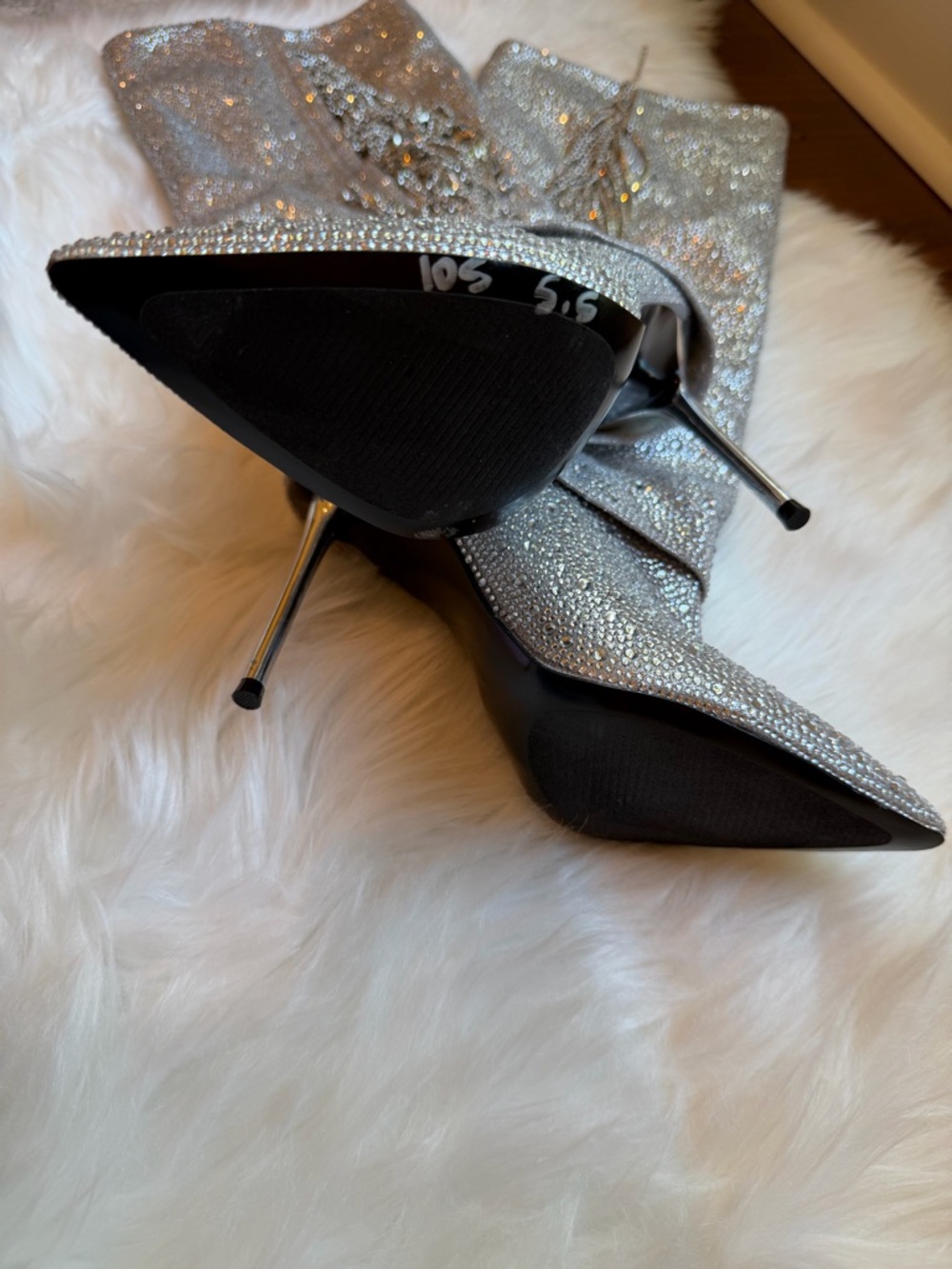 steve madden women’s sanya rhinestone stiletto cuffed tall dress boots silver - Picture 3 of 5